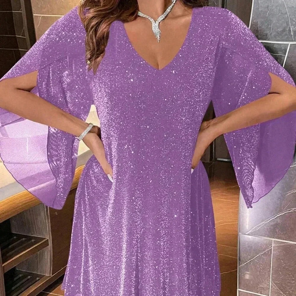 Purple Party Women's Sparkly Flare Sleeves Dress - Picture 9 of 9